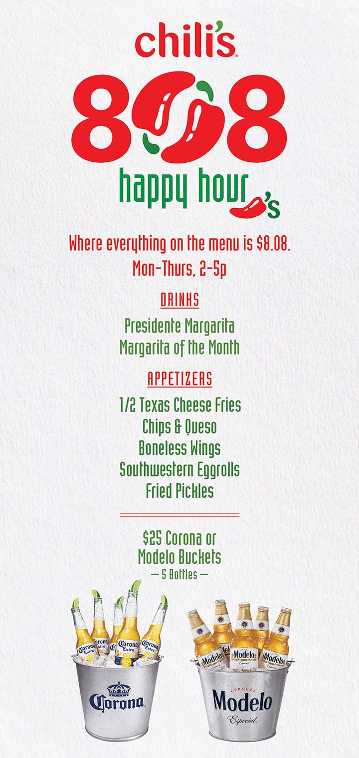 Chili’s Happy Hour Times: Discounted Drinks and Appetizers.